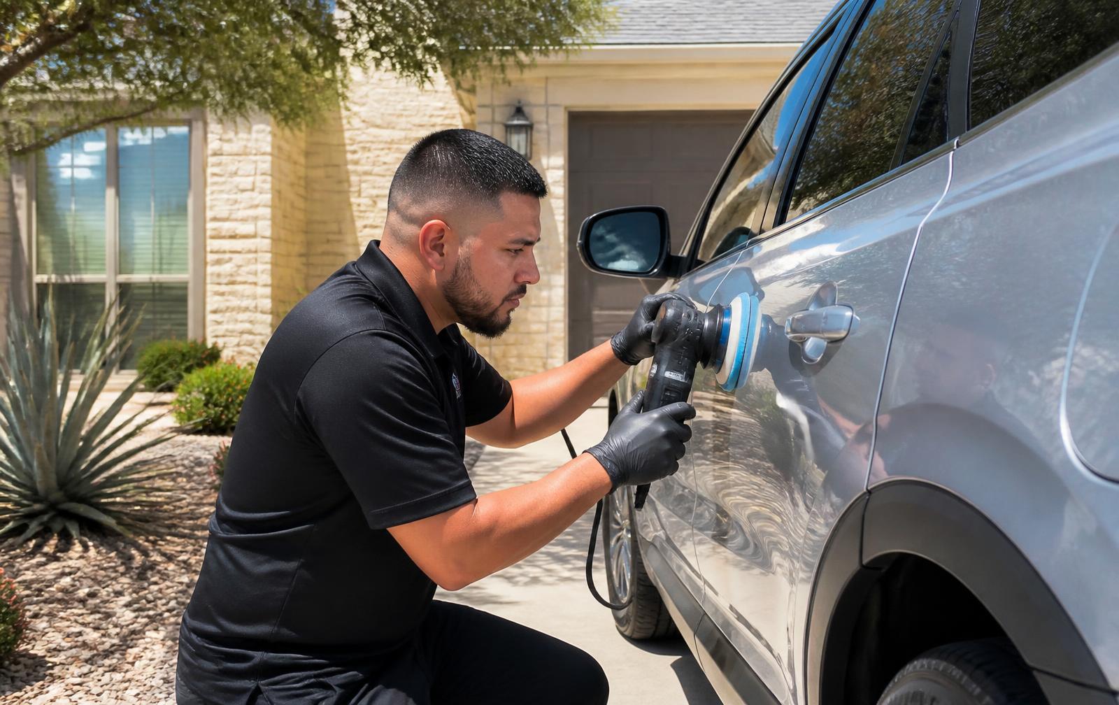 Mobile detailer machine polishing an SUV in a San Antonio driveway